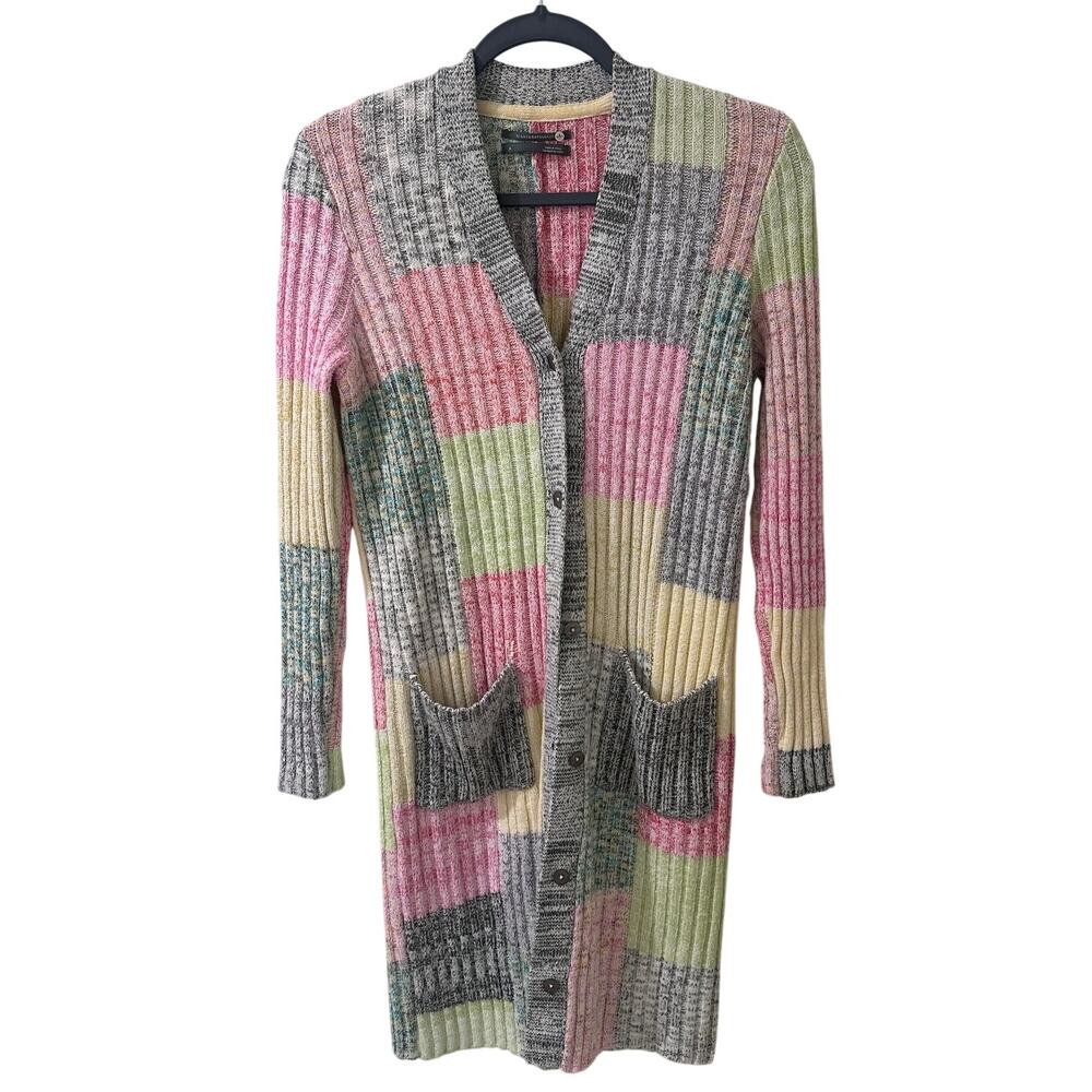 by Anthropologie Patchwork Duster Cardigan Size S Pastel Colorblock Knit Pockets - Picture 2 of 10